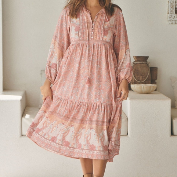 Jaase Swan Lake Ezra Midi Dress sz Medium BNWT Peony pink peachy boho Swans gown - Picture 3 of 9